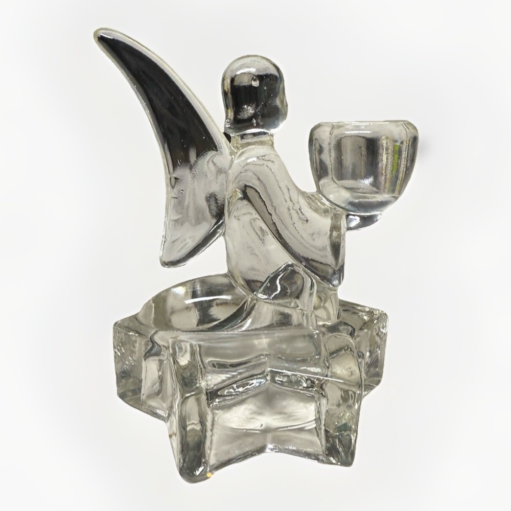 Vintage Clear Pressed Glass Angel Star Base Candle Holder Figurine 4 inch